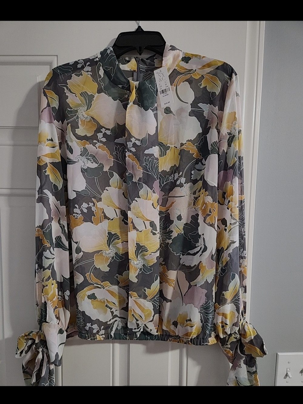 New York & Company Floral Tie-Cuff Blouse - Yellow & Gray